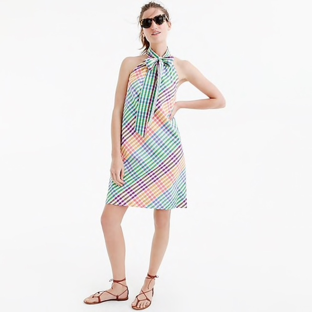 J CREW Womens Dress Gingham Rainbow Tie Neck
